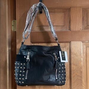 Black Studded Leather Tote Bag